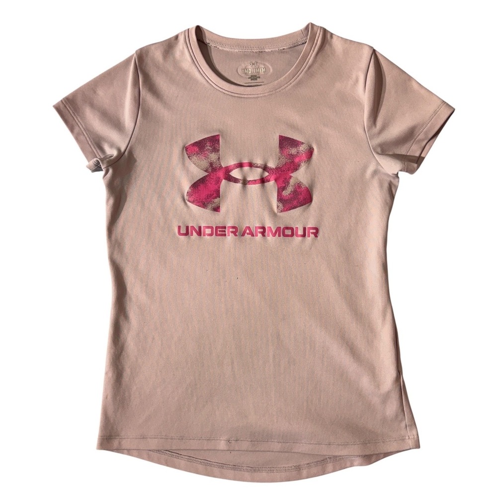 Under Armour Girls Pink Tee YMD Medium HeatGear Loose Fit Short Sleeve Athletic